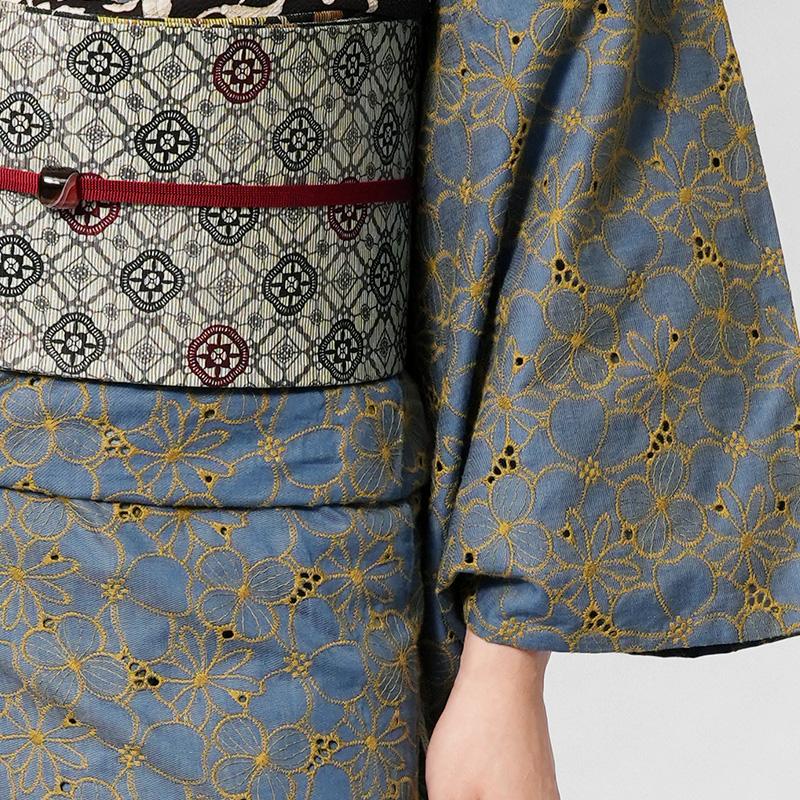 着物 レース刺繍 ツイル 青 グレー カラーデニム 花柄 単衣 着物 レース刺繍 ツイル 青 グレー カラーデニム 花柄 単衣