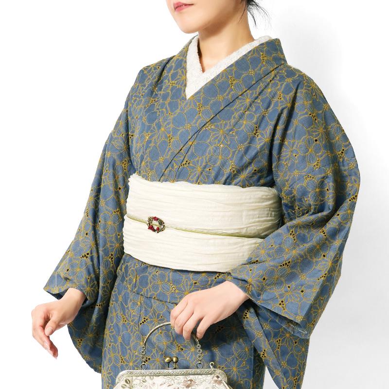 着物 レース刺繍 ツイル 青 グレー カラーデニム 花柄 単衣 着物 レース刺繍 ツイル 青 グレー カラーデニム 花柄 単衣