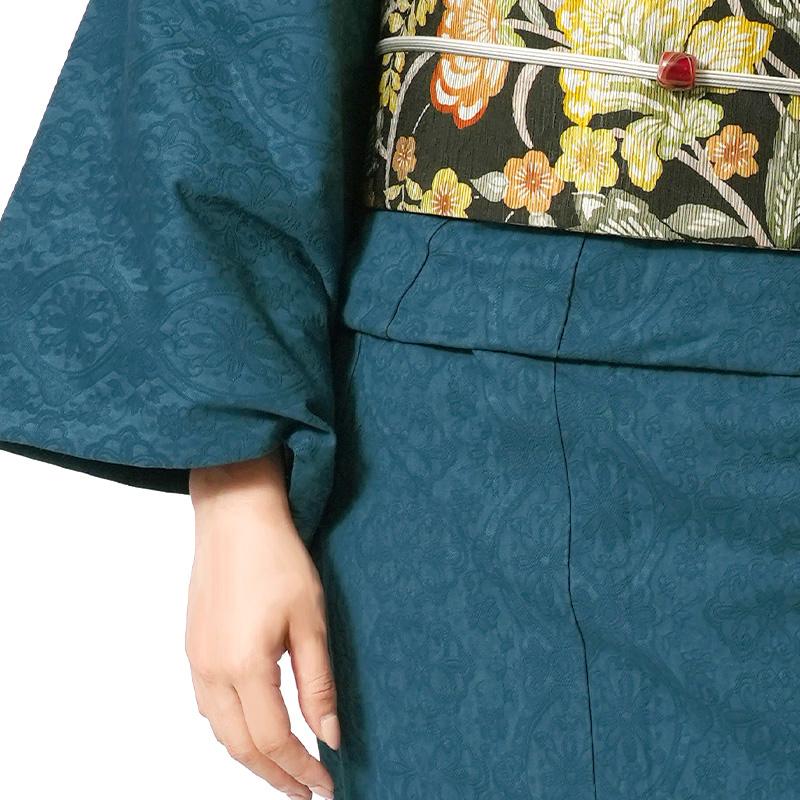 着物 ターコイズ 青緑 ジャガード 花唐草 デニム ストレッチ 単 着物 ターコイズ 青緑 ジャガード 花唐草 デニム ストレッチ 単