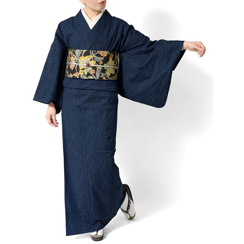 着物 紺 ネイビー 青 ジャガード 花唐草 デニム ストレッチ 単衣