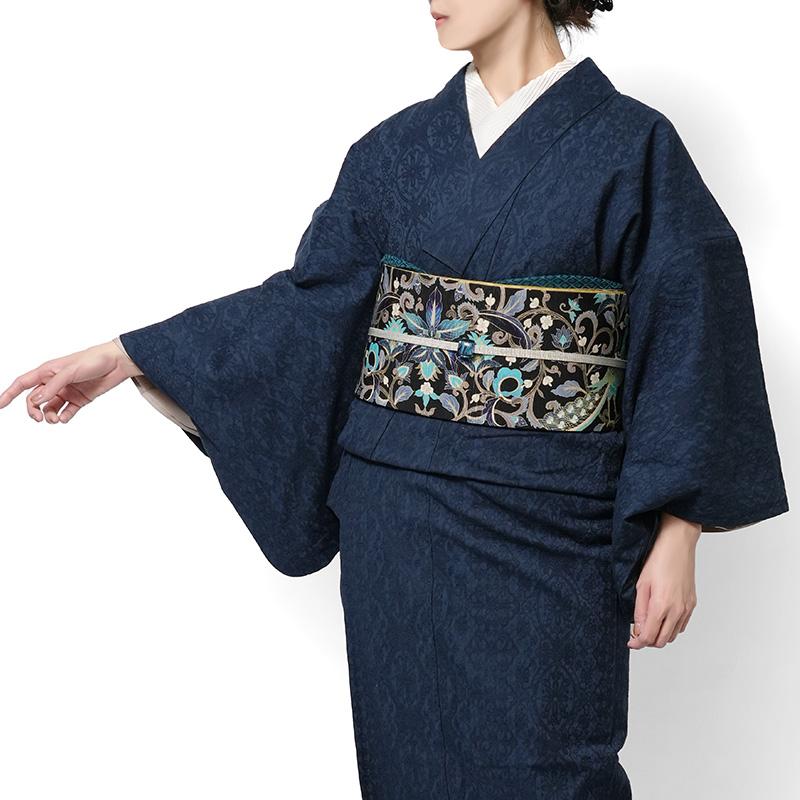 着物 紺 ネイビー 青 ジャガード 花唐草 デニム ストレッチ 単衣