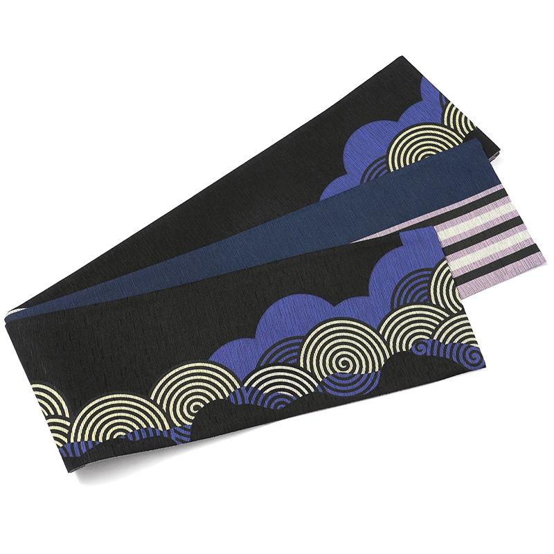 半幅帯 召しませ花 波雲文様 黒 ブルー 幾何学 ストライプ モダン 日本