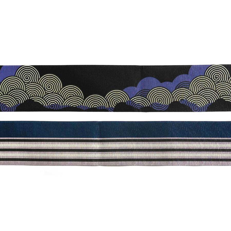 半幅帯 召しませ花 波雲文様 黒 ブルー 幾何学 ストライプ モダン 日本
