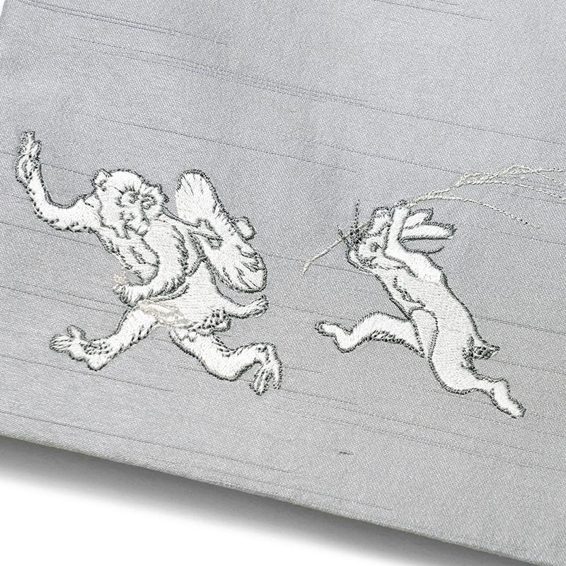 撫松庵 京袋帯 猫獣戯画 刺繍 グレー 銀 鳥獣戯画 日本画 お太鼓 撫松庵 京袋帯 猫獣戯画 刺繍 グレー 銀 鳥獣戯画 日本画 お太鼓