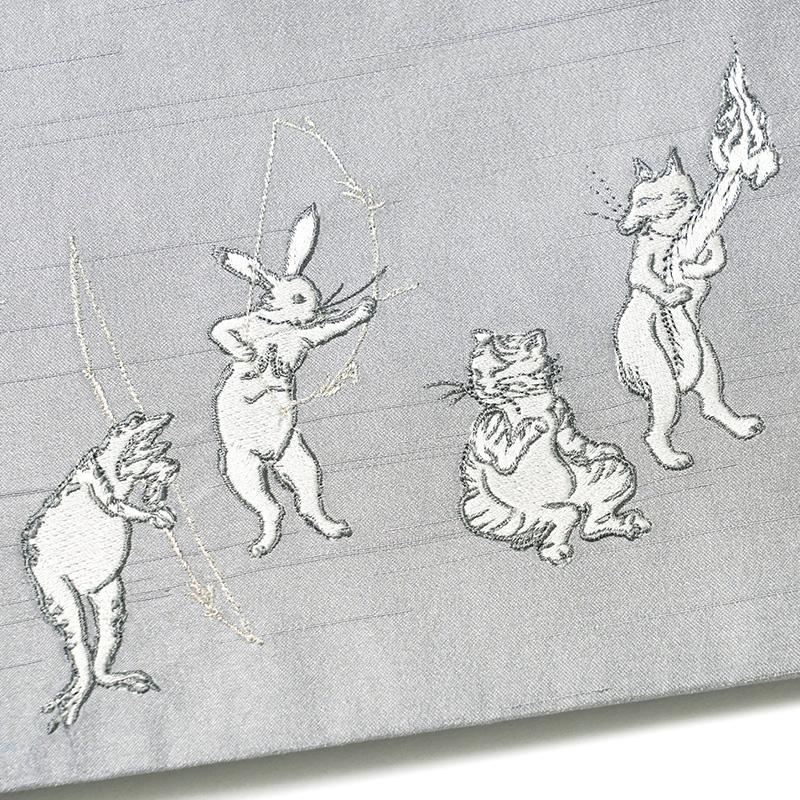 撫松庵 京袋帯 猫獣戯画 刺繍 グレー 銀 鳥獣戯画 日本画 お太鼓 撫松庵 京袋帯 猫獣戯画 刺繍 グレー 銀 鳥獣戯画 日本画 お太鼓