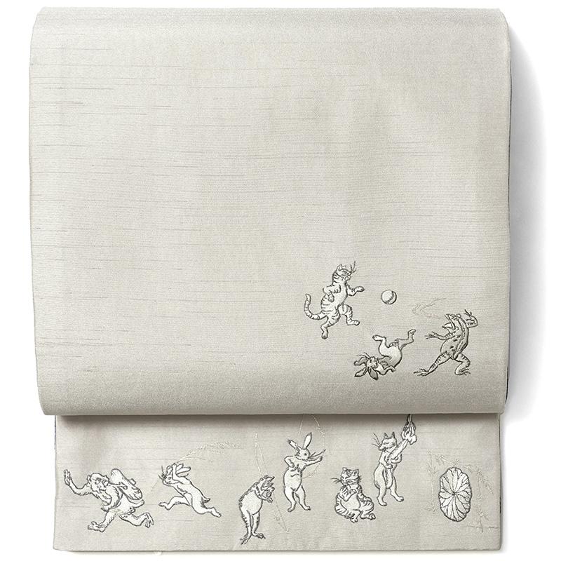 撫松庵 京袋帯 猫獣戯画 刺繍 ベージュ グレージュ 鳥獣戯画 撫松庵 京袋帯 猫獣戯画 刺繍 ベージュ グレージュ 鳥獣戯画
