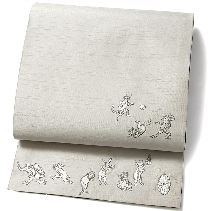撫松庵 京袋帯 猫獣戯画 刺繍 ベージュ グレージュ 鳥獣戯画 撫松庵 京袋帯 猫獣戯画 刺繍 ベージュ グレージュ 鳥獣戯画