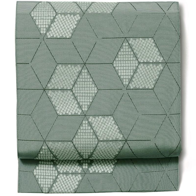 名古屋帯 立方繋ぎ グリーングレー 幾何学模様 菱形 シンプル 上品  