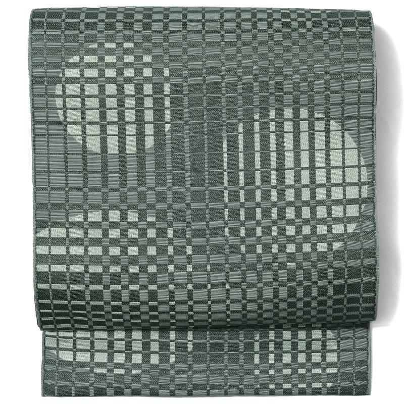 名古屋帯 オプティカルパターン ブルーグレー 幾何学模様 アート 格子  