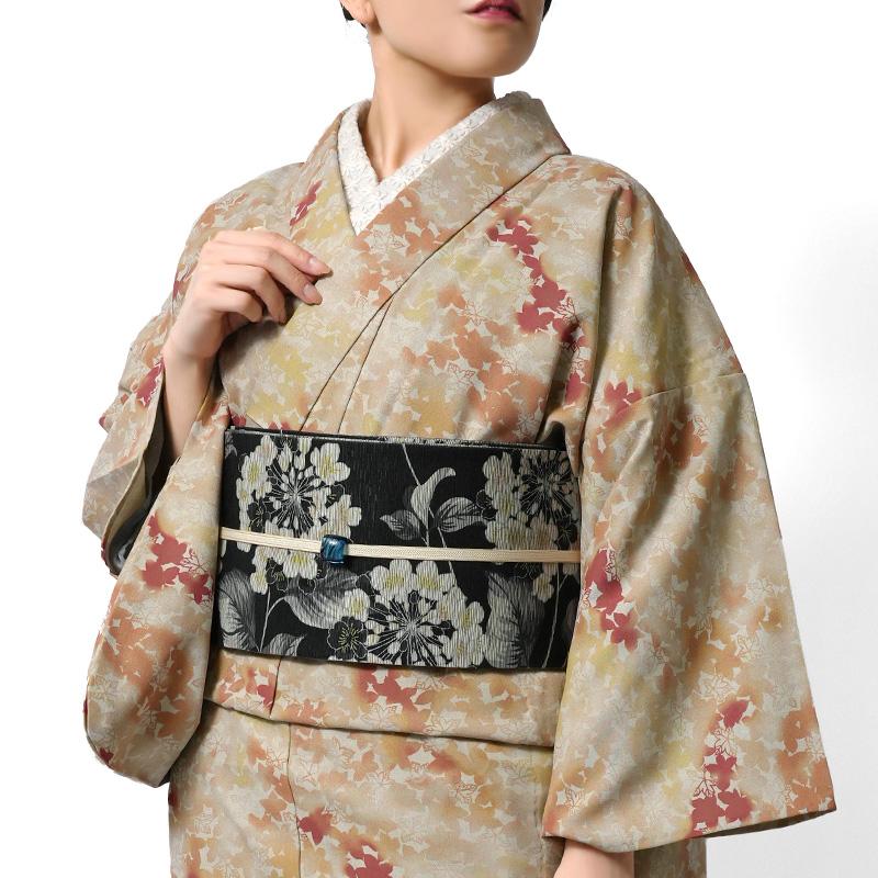 着物 単衣 紅葉 楓 オレンジ ベージュ 捺染 先染め グラデーション