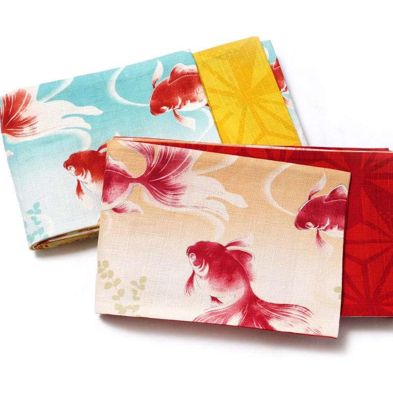 半幅帯 金魚 麻の葉 黄色 赤 水色 グラデーション リバーシブル 古典柄