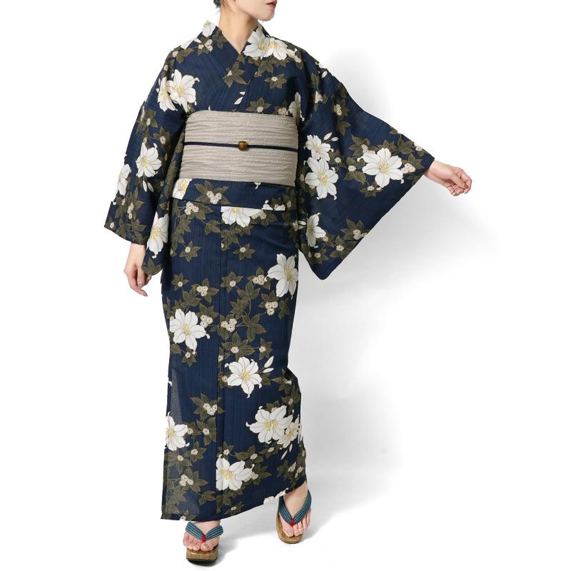浴衣 鉄線花 紺 ネイビー ポリエステル アイロンレス 古典柄