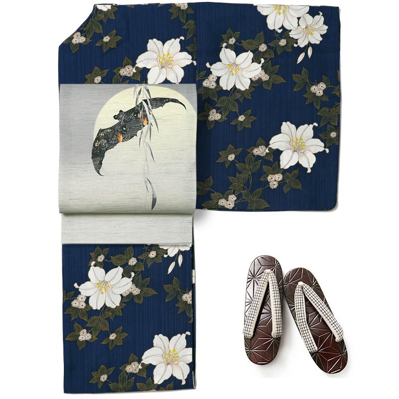 浴衣 鉄線花 紺 ネイビー ポリエステル アイロンレス 古典柄