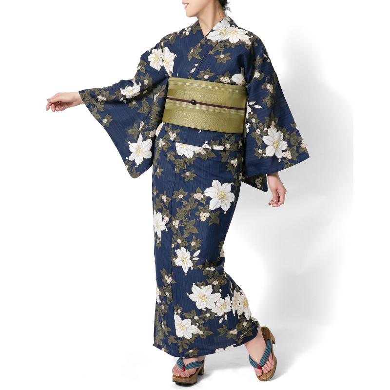 浴衣 鉄線花 紺 ネイビー ポリエステル アイロンレス 古典柄