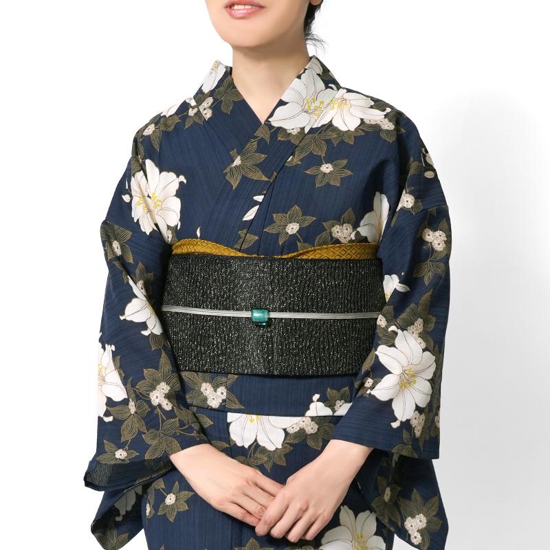 浴衣 鉄線花 紺 ネイビー ポリエステル アイロンレス 古典柄