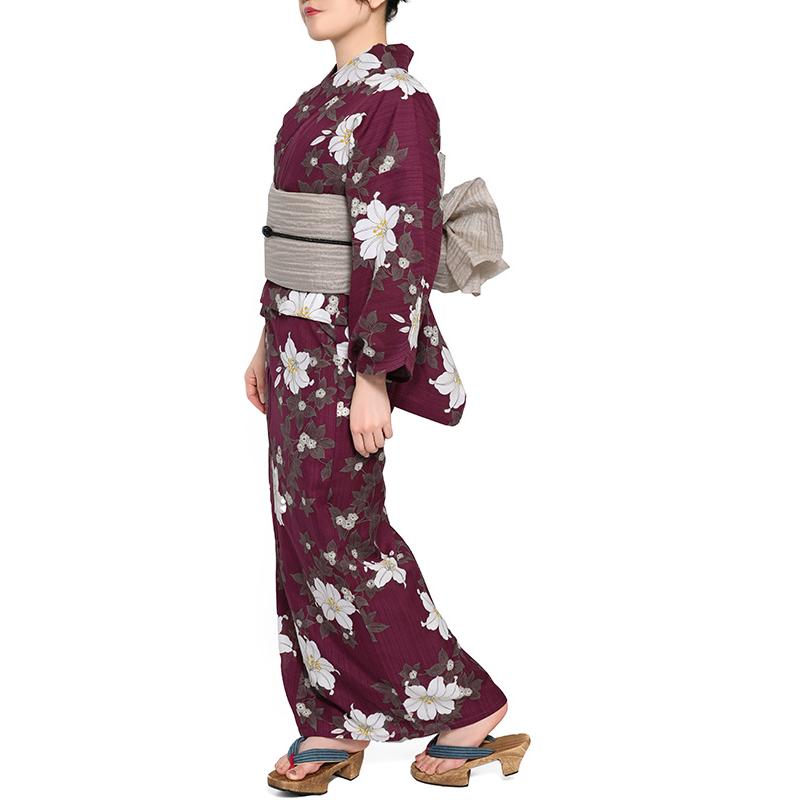 浴衣 鉄線花 えんじ 赤 ボルドー ポリエステル アイロンレス 古典柄
