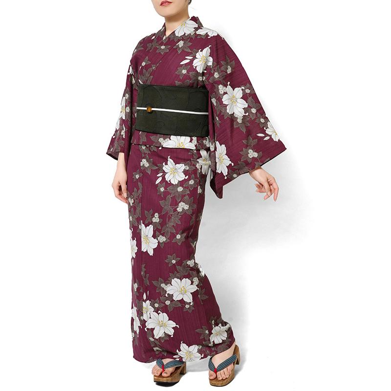浴衣 鉄線花 えんじ 赤 ボルドー ポリエステル アイロンレス 古典柄
