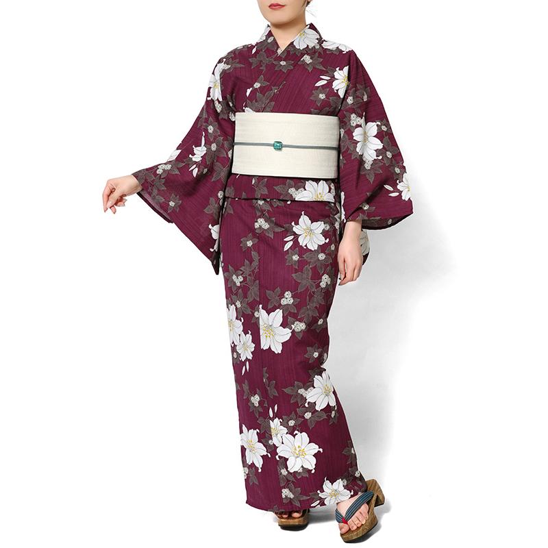 浴衣 鉄線花 えんじ 赤 ボルドー ポリエステル アイロンレス 古典柄