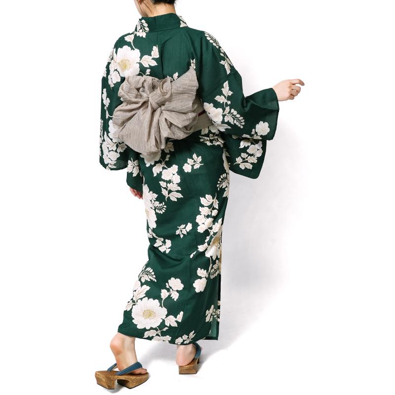 浴衣 深緑に牡丹 緑 クリーム オフ白 花 ポリエステル アイロンレス