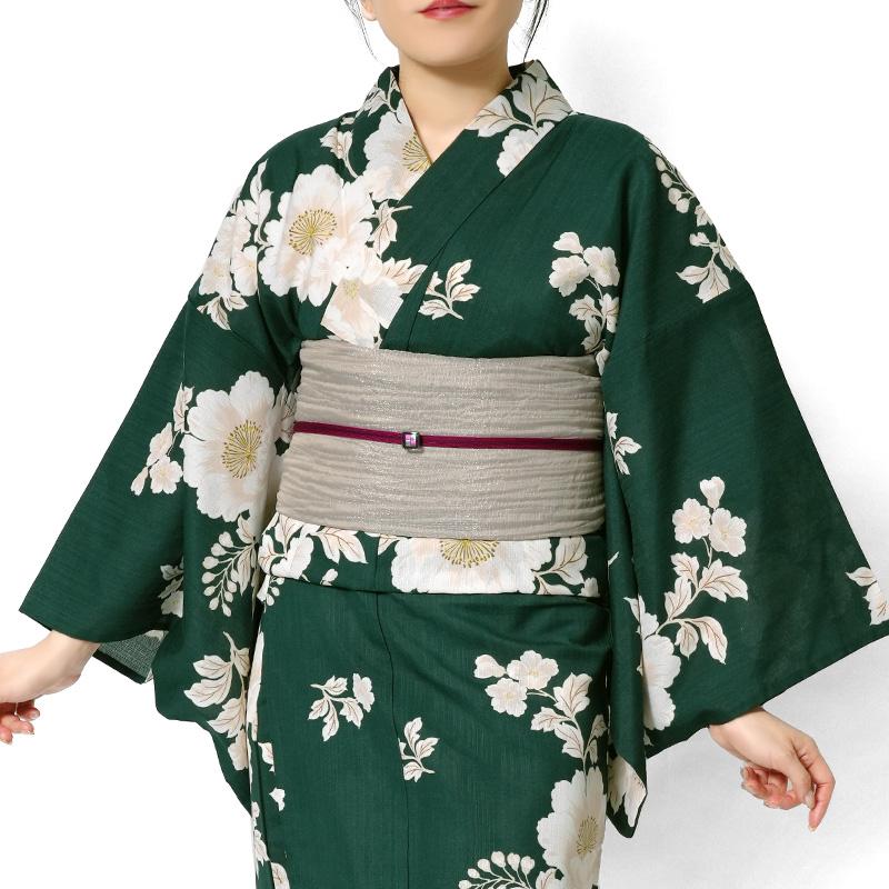 浴衣 深緑に牡丹 緑 クリーム オフ白 花 ポリエステル アイロンレス