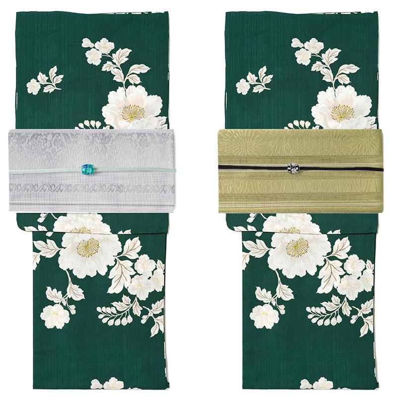 浴衣 深緑に牡丹 緑 クリーム オフ白 花 ポリエステル アイロンレス