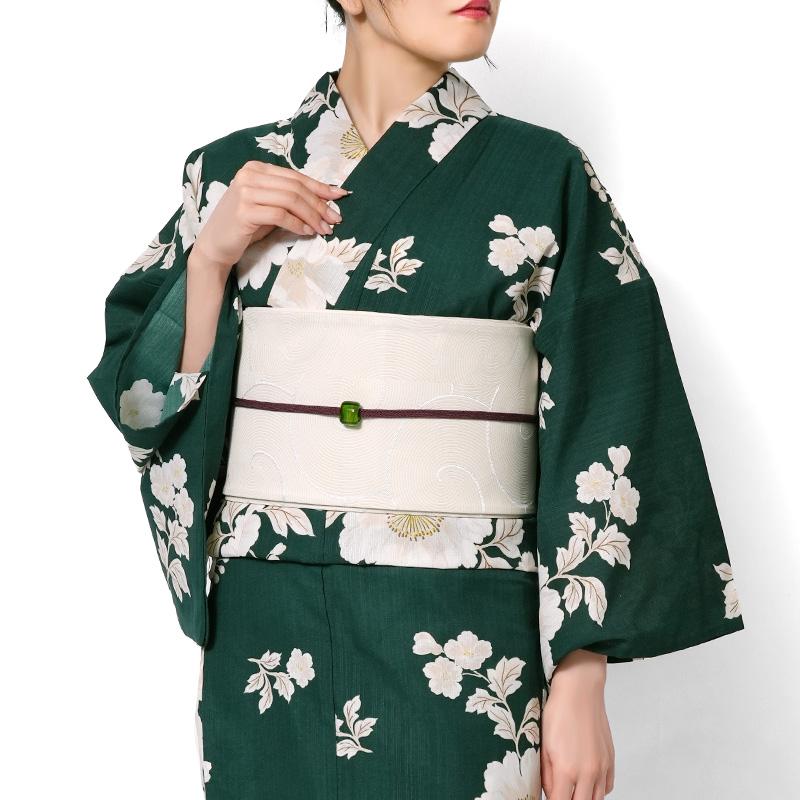 浴衣 深緑に牡丹 緑 クリーム オフ白 花 ポリエステル アイロンレス