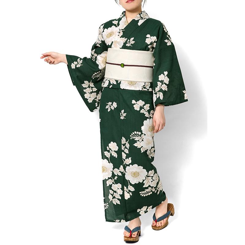 浴衣 深緑に牡丹 緑 クリーム オフ白 花 ポリエステル アイロンレス