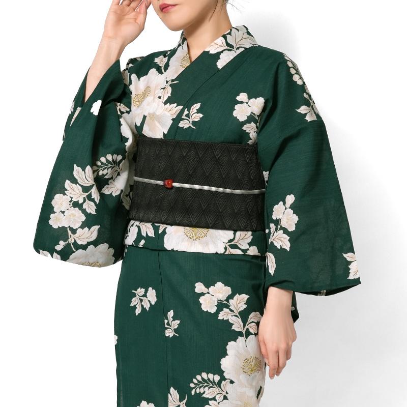 浴衣 深緑に牡丹 緑 クリーム オフ白 花 ポリエステル アイロンレス