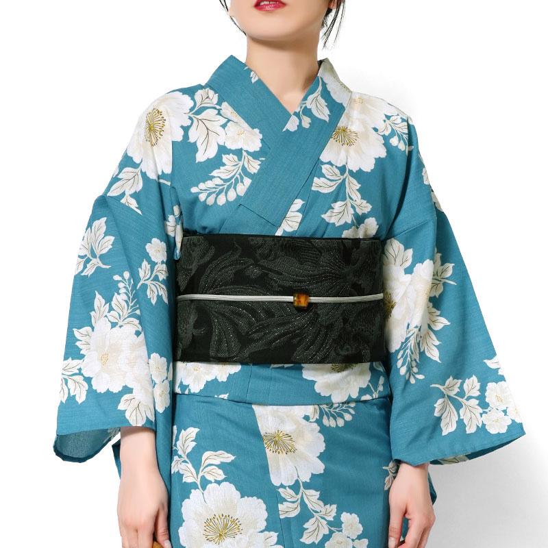浴衣 ターコイズに牡丹 水色 オフ白 花 ポリエステル アイロンレス