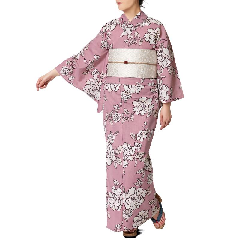 和風館　浴衣　ポリエステル100% 薄ピンク　梅 浴衣 くすみピンクに牡丹 花 ポリエステル アイロンレス 古典柄