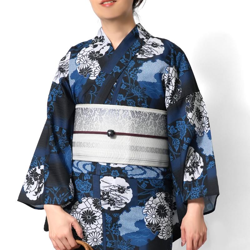 浴衣 花丸紋 紺 ネイビー ポリエステル アイロンレス 古典柄