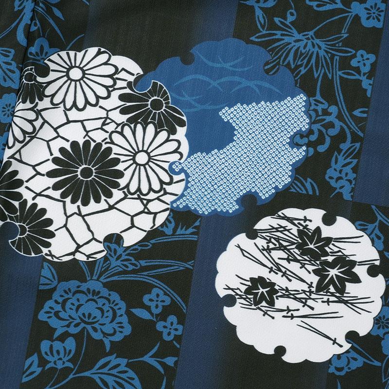 浴衣 花丸紋 紺 ネイビー ポリエステル アイロンレス 古典柄