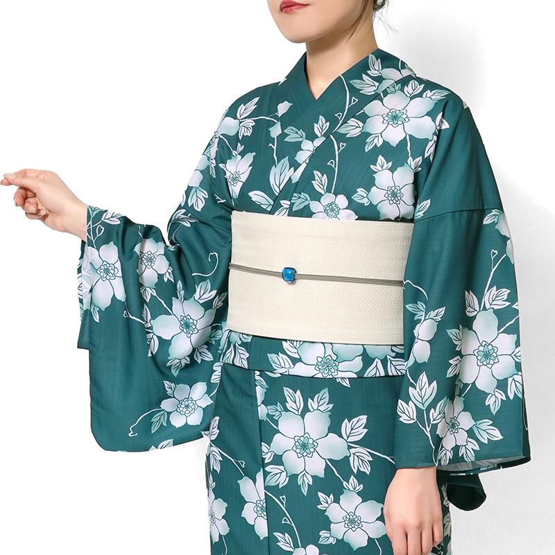 浴衣 青緑に鉄線花 ターコイズ グリーン 花 ポリエステル アイロンレス