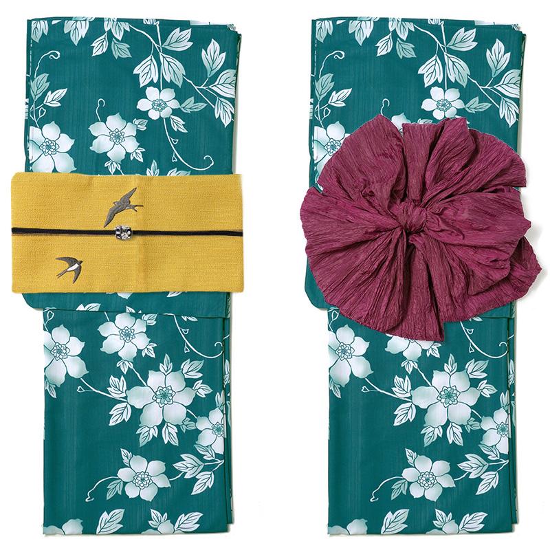 浴衣 青緑に鉄線花 ターコイズ グリーン 花 ポリエステル アイロンレス
