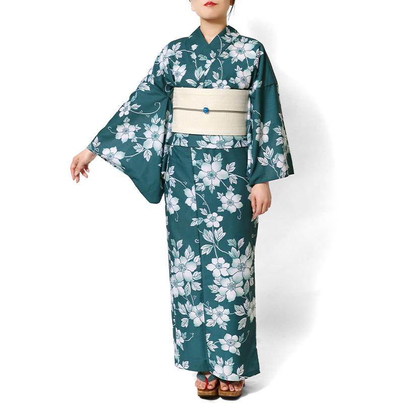 浴衣 青緑に鉄線花 ターコイズ グリーン 花 ポリエステル アイロンレス