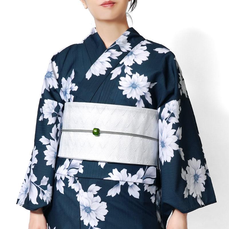 浴衣 紺に菊花 ネイビー 紺 白 花 ポリエステル アイロンレス 古典柄