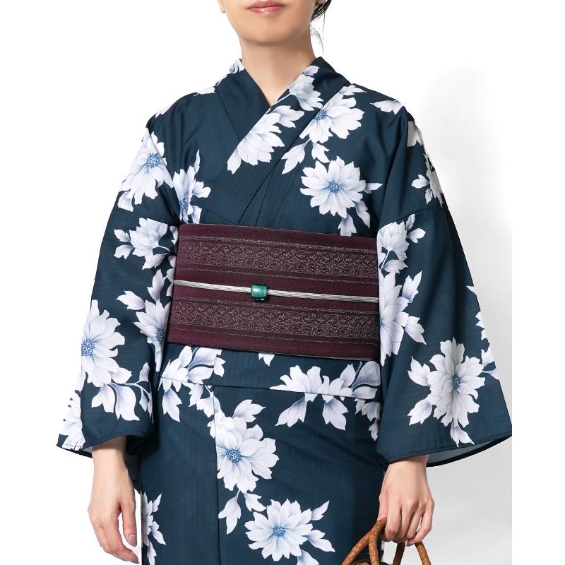 浴衣 紺に菊花 ネイビー 紺 白 花 ポリエステル アイロンレス 古典柄