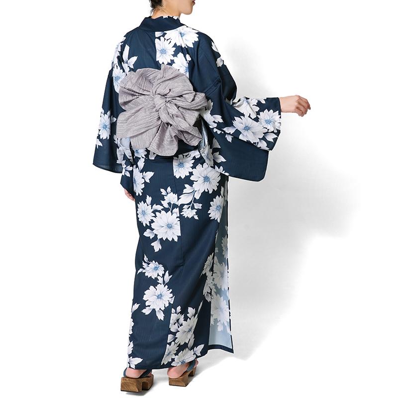 浴衣 紺に菊花 ネイビー 紺 白 花 ポリエステル アイロンレス 古典柄