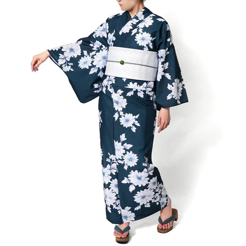 浴衣 紺に菊花 ネイビー 紺 白 花 ポリエステル アイロンレス 古典柄