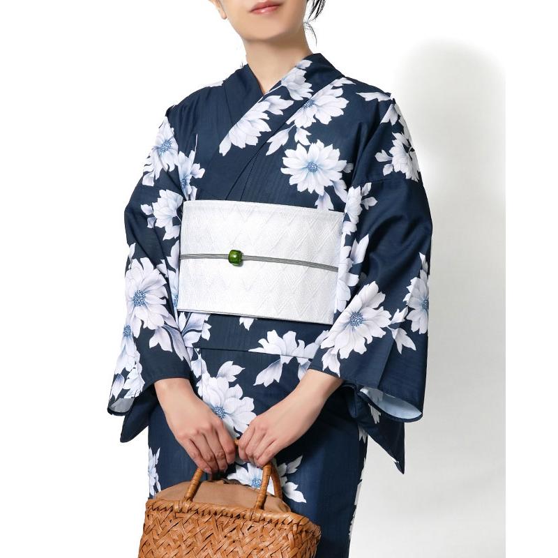 浴衣 紺に菊花 ネイビー 紺 白 花 ポリエステル アイロンレス 古典柄