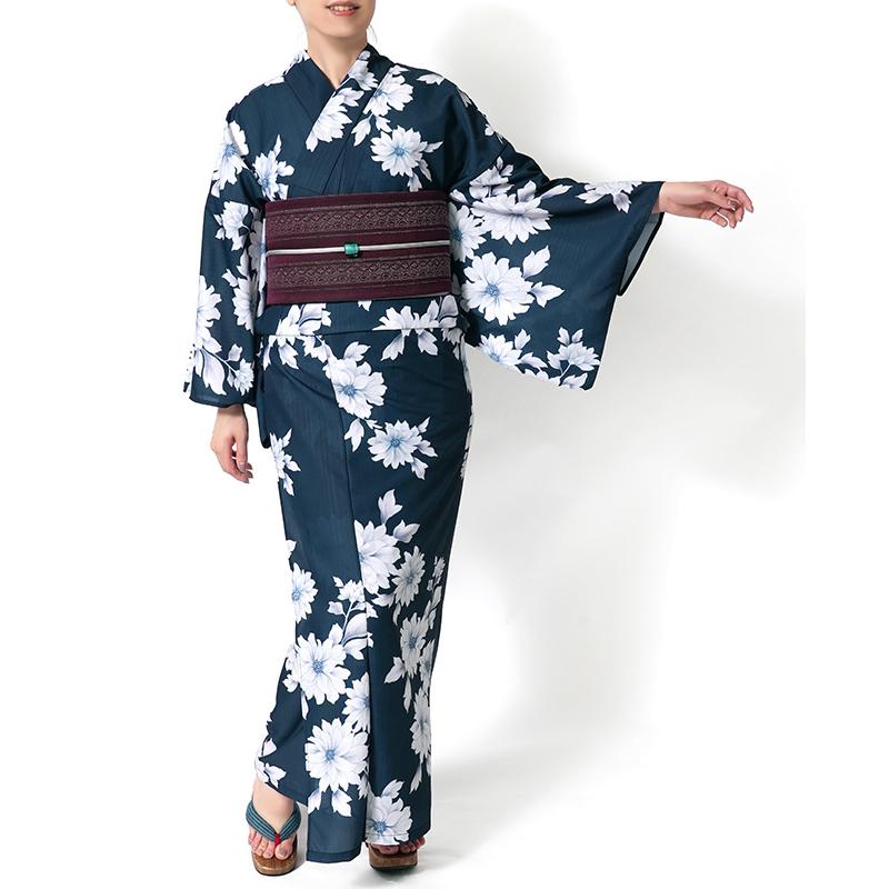 浴衣 紺に菊花 ネイビー 紺 白 花 ポリエステル アイロンレス 古典柄