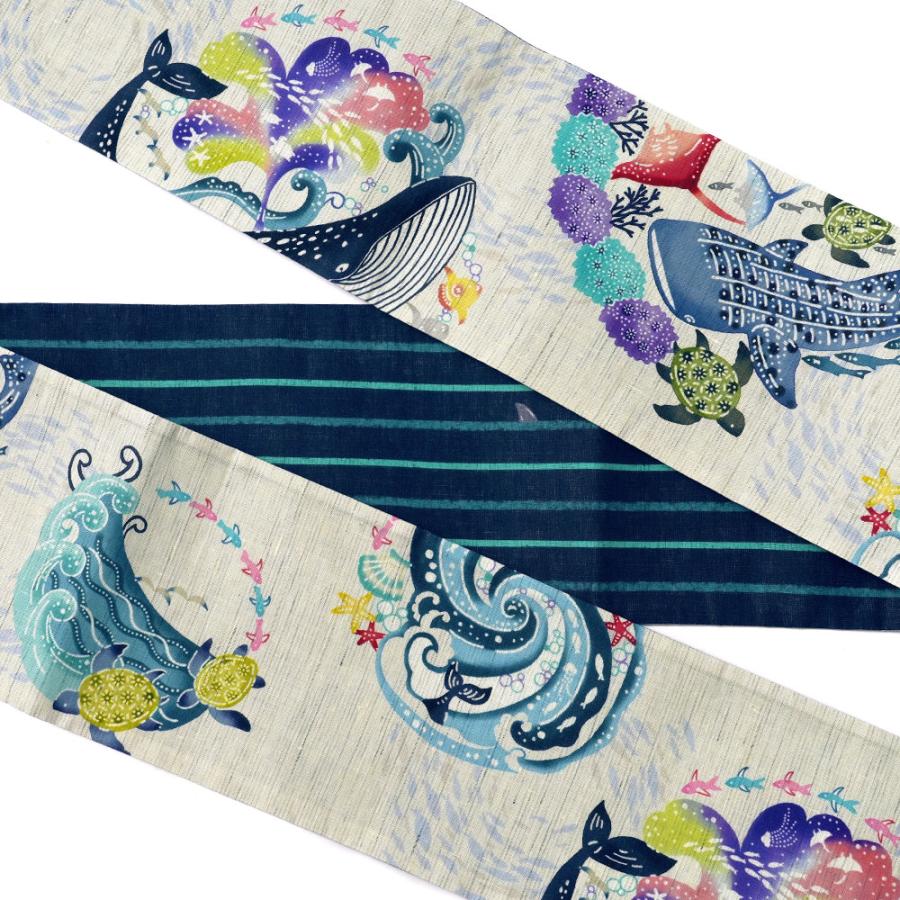 半幅帯 WAKKA 麻 オーシャンズ グレー 海 魚 クジラ 紅型風 紺 半幅帯 WAKKA 麻 オーシャンズ グレー 海 魚 クジラ 紅型風 紺