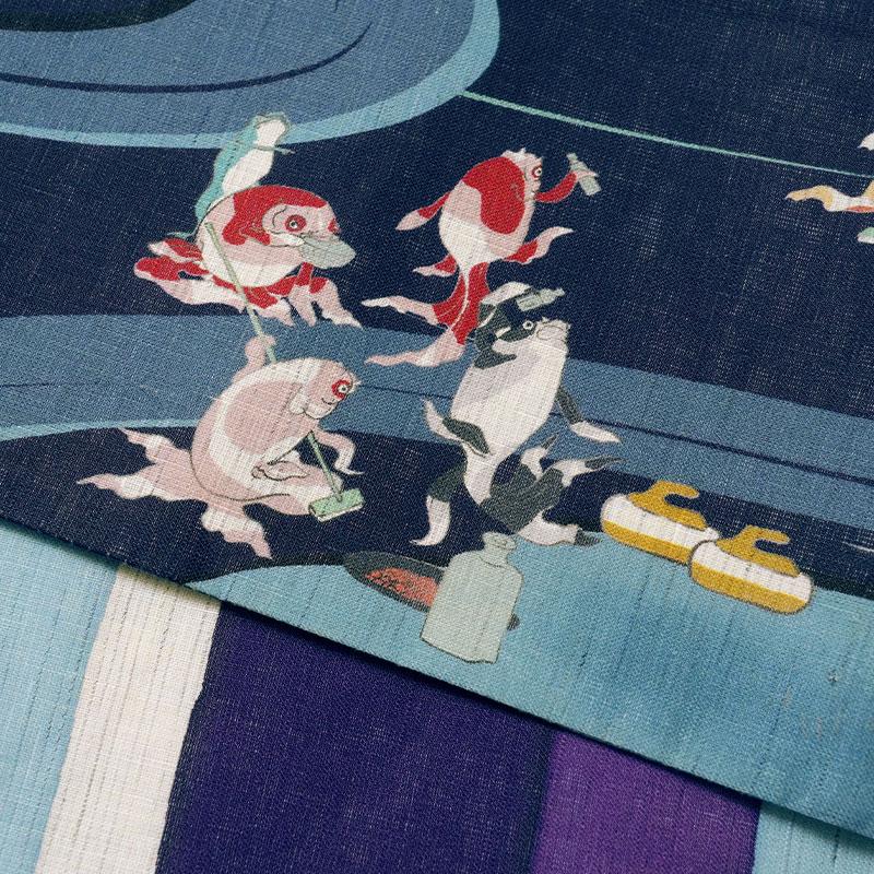半幅帯 WAKKA 麻 カーリング 金魚 紺 紫 縞 スポーツ 浮世絵風