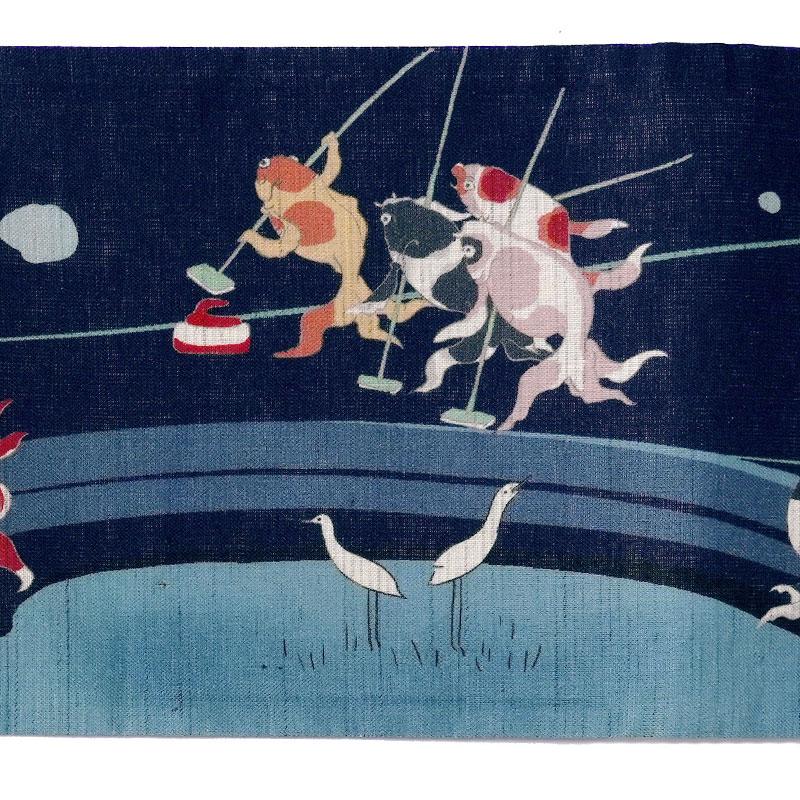 半幅帯 WAKKA 麻 カーリング 金魚 紺 紫 縞 スポーツ 浮世絵風