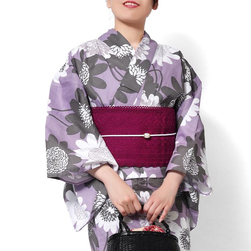 浴衣 ノルディックフラワー 紫 グレー 北欧風 花柄 大柄 ニュアンス