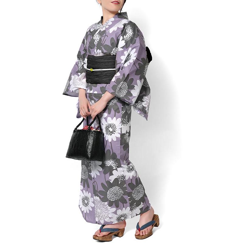 浴衣 ノルディックフラワー 紫 グレー 北欧風 花柄 大柄 ニュアンス