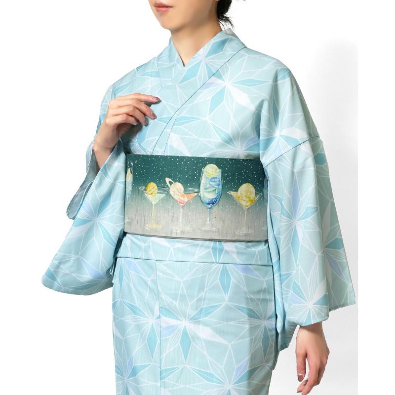浴衣 水色麻の葉 幾何学 パステル ポリエステル アイロンレス 古典柄