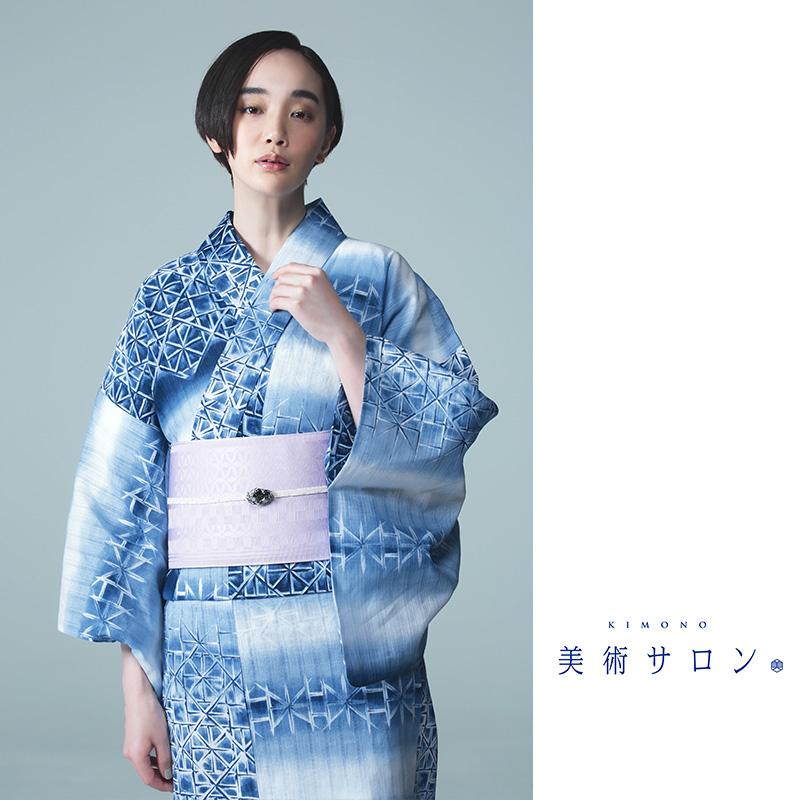 浴衣/未使用しつけ付き/手縫/日本製/注染/藍/紺白/綿/肩当て付 浴衣 美術サロン 藍捺染 切子ガラス風 藍 紺 白 知多木綿 綿麻