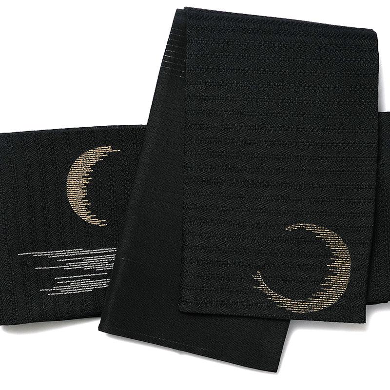 撫松庵 半幅帯 月 刺繍 黒 ブラック 絽 日本製 半巾帯 長尺 夏帯