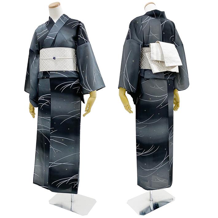 撫松庵 露芝と蛍 グレー グラデーション ぼかし 青 セオアルファ 単衣 夏着物 浴衣 仕立て上がり 単品 レディース 女性用 30代 40代 50代の画像